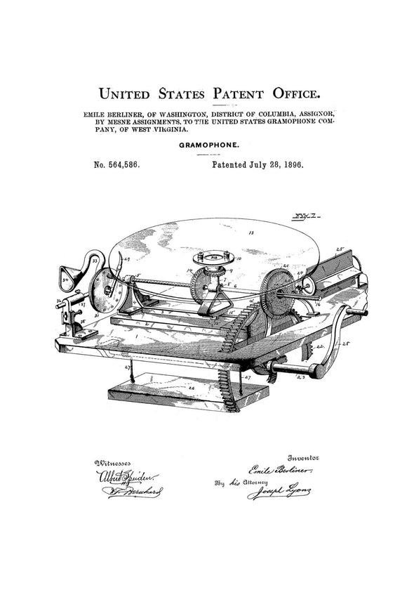 Gramophone Patent - Patent Print, Wall Decor, Gramophone Poster, Patent, Home Theater Decor, Music Buff, Vintage Record Player