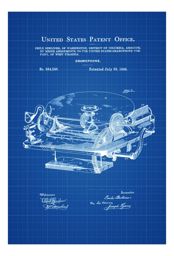Gramophone Patent - Patent Print, Wall Decor, Gramophone Poster, Patent, Home Theater Decor, Music Buff, Vintage Record Player