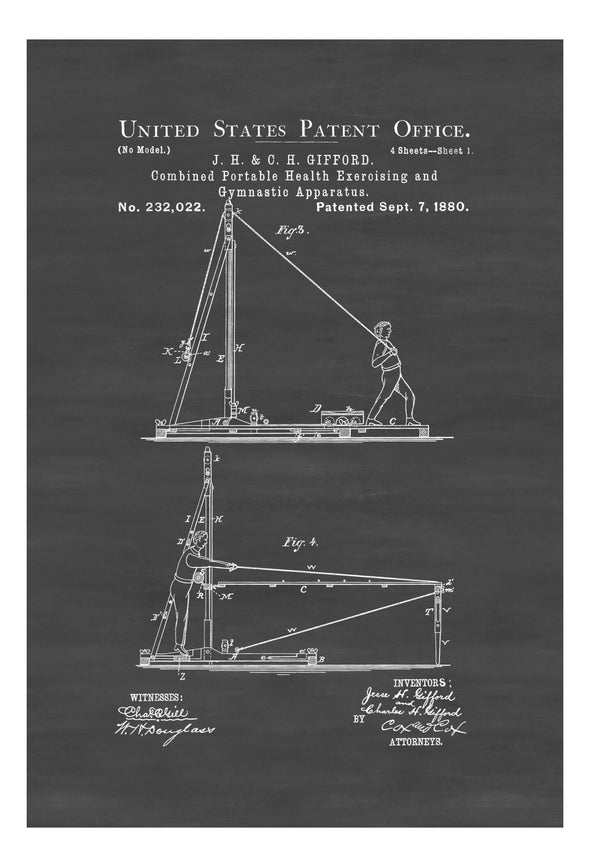 Gymnastics and Exercise Machine Patent Print 1880 - Wall Decor, Gym Decor, Working out, Gymnastics Machine Patent, Workout Exercise Poster Art Prints mypatentprints 