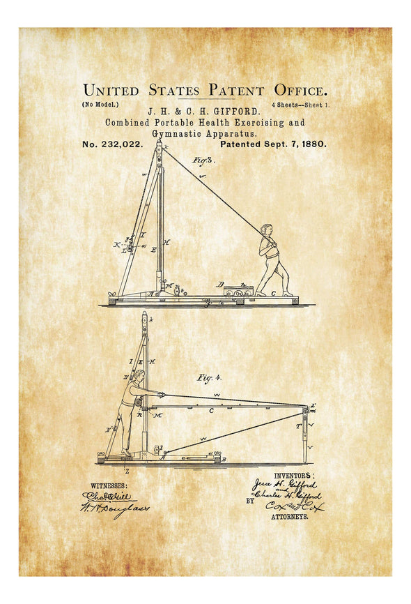 Gymnastics and Exercise Machine Patent Print 1880 - Wall Decor, Gym Decor, Working out, Gymnastics Machine Patent, Workout Exercise Poster Art Prints mypatentprints 