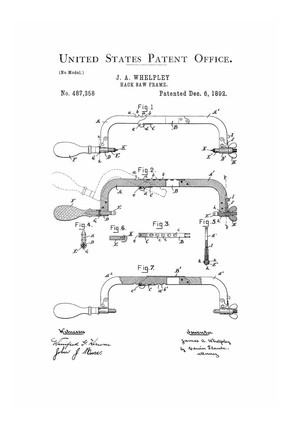 Hacksaw Patent 1892 - Patent Print, Vintage Tools, Garage Decor, Works ...