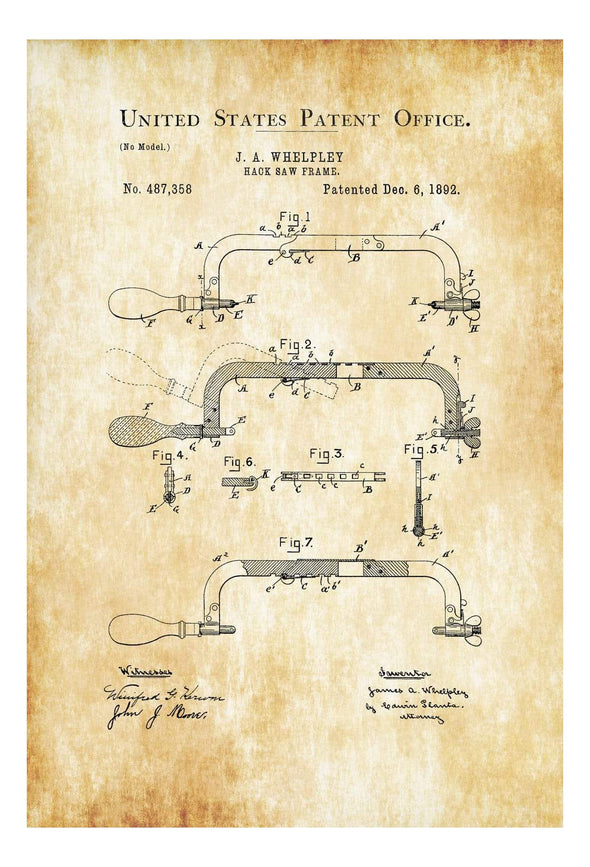 Hacksaw Patent 1892 - Patent Print, Vintage Tools, Garage Decor, Workshop Decor, Hack Saw, Tool Poster, Tool Art, Old Tools, Plumber Gift