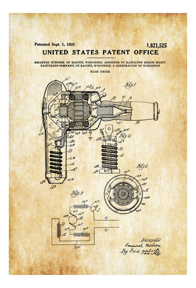 Hair Dryer Patent 1931 - Patent Print, Blow Dryer,  Vintage Beauty, Girls Room Wall Decor, Hair Salon Art, Hair Stylist Gift, Salon Decor