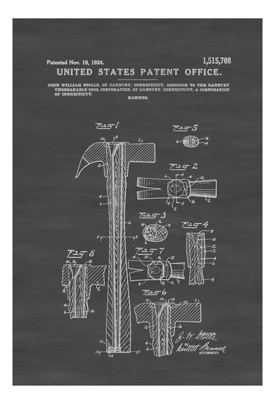 Hammer Patent 1924 - Patent Print, Vintage Tools, Garage Decor, Workshop Decor, Claw Hammer, Tool Poster, Tool Art