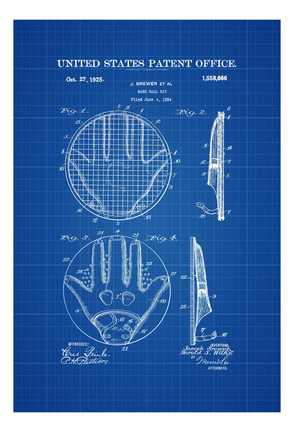 Hand Ball Bat Patent 1924 - Patent Print, Hand Ball Art, Hand Ball Gift, Hand Ball Bat, Sports Art, Hand Ball Patent, Vintage Sports Art Prints mypatentprints 