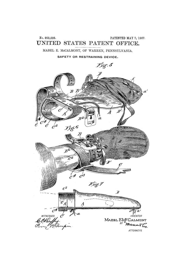 Hand Restraining Device Patent - Patent Print, Wall Decor, Bizarre Art, Bizarre Decor, Medical Equipment, Restraint Patent