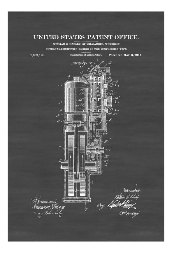 Harley Combustion Engine Patent Print 1914 - Wall Decor, Motorcycle Decor, Harley Davidson Patent, Harley Engine Blueprint Art Prints mypatentprints 