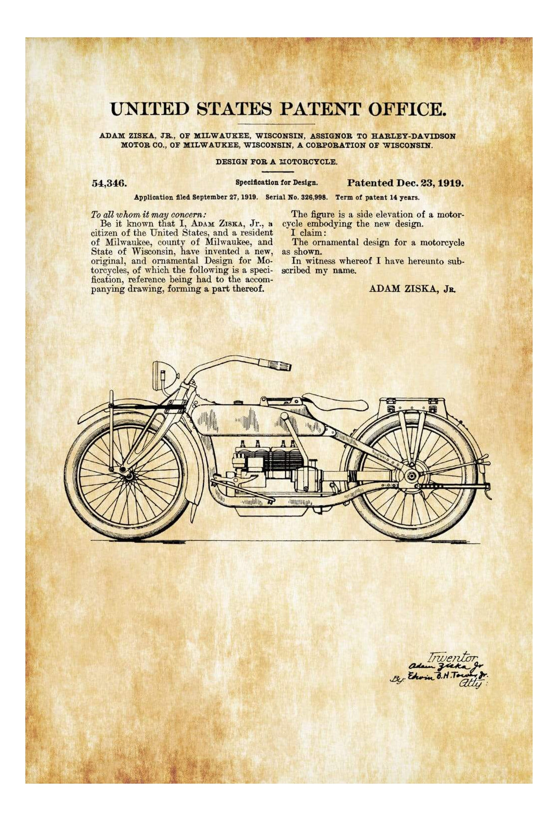 【図録】The Harley-Davidson Motor Co. Harley Davidson Design Patent 1919 - Patent Print, Wall