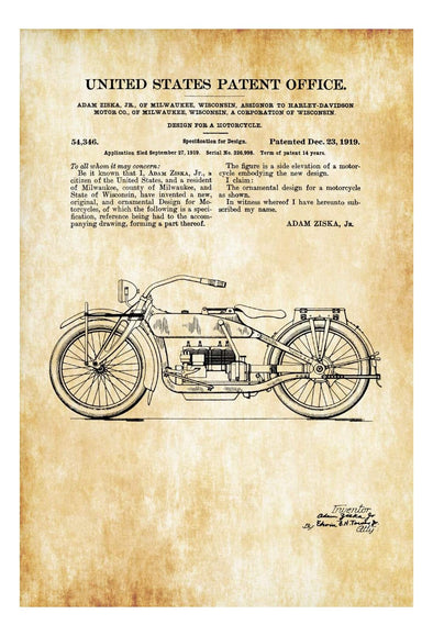 Harley Davidson Design Patent 1919 - Patent Print, Wall Decor, Motorcycle Decor, Harley Davidson Art, Harley Patent, Harley Bike mws_apo_generated mypatentprints Parchment #MWS Options 1518577368 