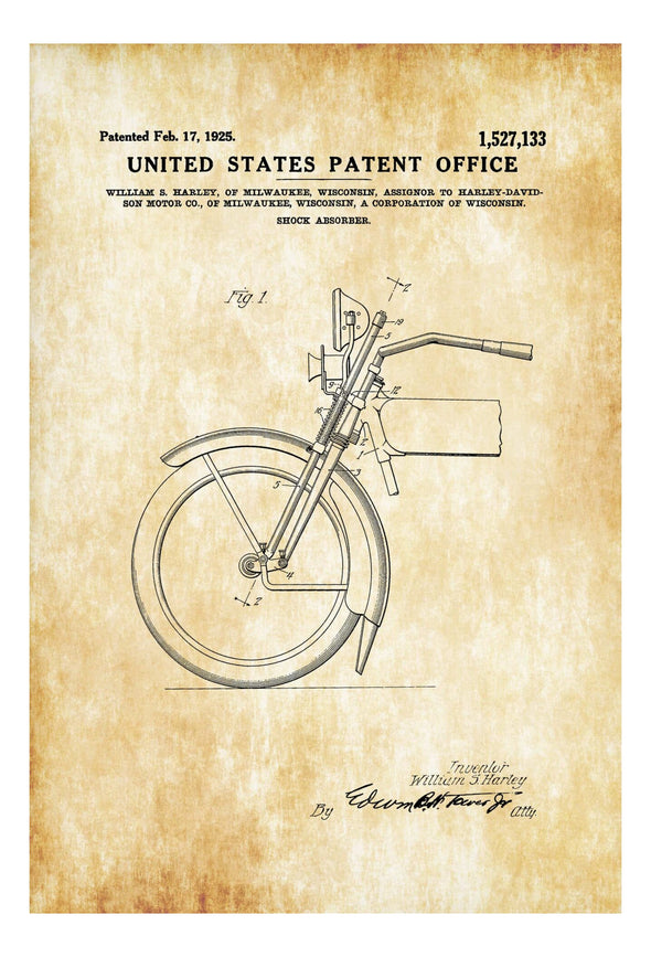 Harley Davidson Shock Absorber Patent Print 1925 - Wall Decor, Motorcycle Decor, Harley Davidson Art, Harley Motorcycle Patent Art Prints mypatentprints 
