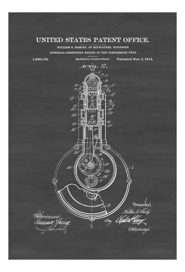 Harley Engine Closeup Patent Print 1914 - Motorcycle Decor, Harley Davidson Patent, Harley Engine Blueprint, Wall Patent Decor Art Prints mypatentprints 