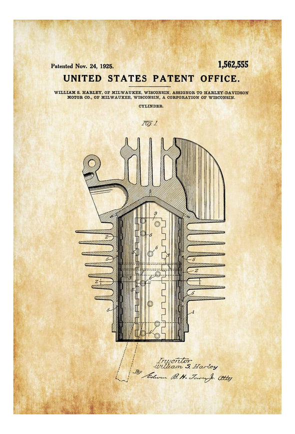 Harley Motorcycle Cylinder Patent 1925 - Patent Print, Wall Decor, Motorcycle Decor, Harley Davidson Patent, Vintage Harley