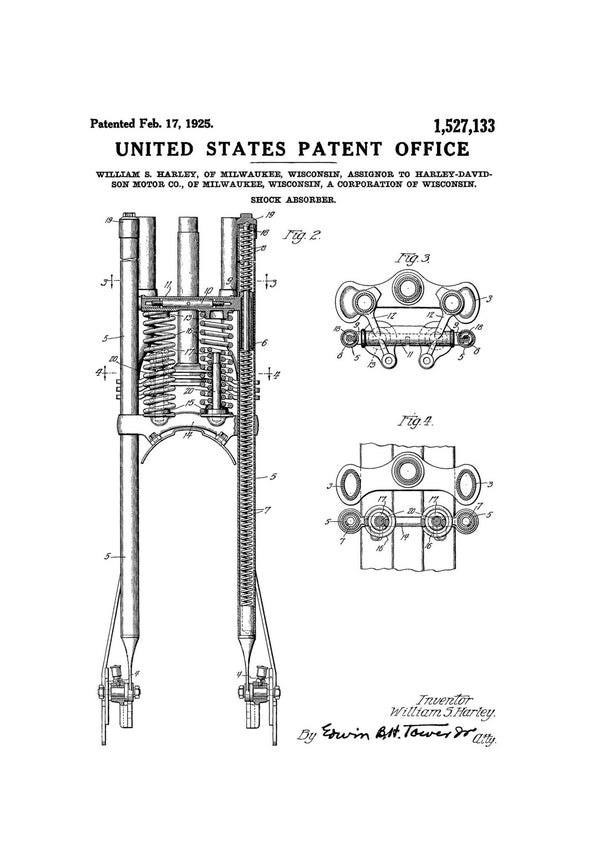 Harley Shock Absorber Patent 1925 - Wall Decor, Motorcycle Decor, Harley Davidson Art, Harley Motorcycle Patent Print Art Prints mypatentprints 