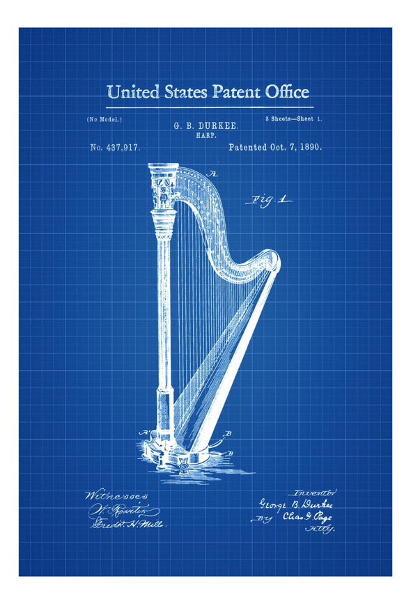 Harp Patent 1890 - Patent Print, Wall Decor, Music Poster, Music Art, Musical Instrument Patent, Music Patent