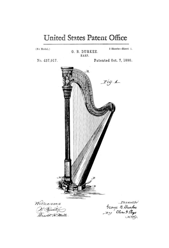 Harp Patent 1890 - Patent Print, Wall Decor, Music Poster, Music Art, Musical Instrument Patent, Music Patent