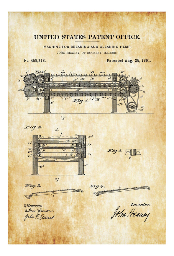 Hemp Grinding Machine 1891 - Patent Print, Wall Decor, Vintage Hemp Patent, Hemp growing, Vintage Tool, Yard Tool, Cleaning Hemp Machine Art Prints mypatentprints 5X7 Blueprint 