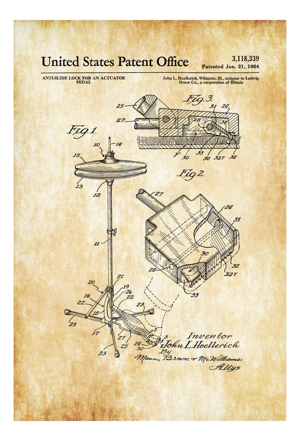 Hi Hat Stand Patent 1964 - Patent Print, Drum Patent, Wall Decor, Music Poster, Musical Instrument Patent,  Drummers, Drum Set, Drummer Gift