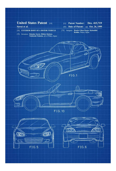 Honda S2000 Design Patent 1999 - Patent Print, Wall Decor, Automobile Decor, Automobile Art, Classic Car, Honda Car Patent mws_apo_generated mypatentprints Chalkboard #MWS Options 1021618950 