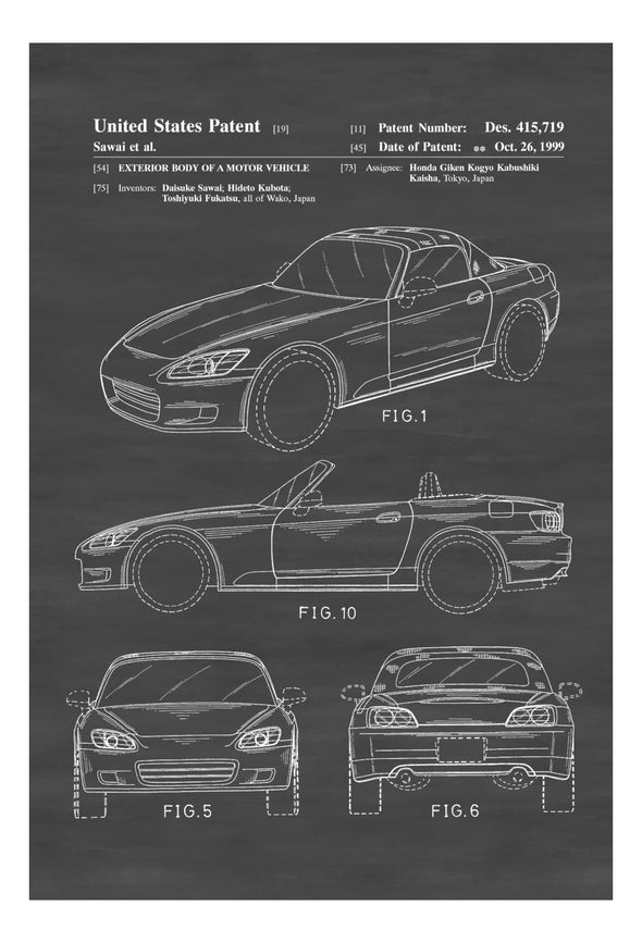 Honda S2000 Design Patent 1999 - Patent Print, Wall Decor, Automobile Decor, Automobile Art, Classic Car, Honda Car Patent