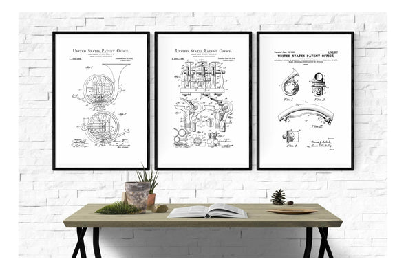 Horn Instrument Patent Collection of 3 Patent Prints - Music Poster, Music Art, Brass Instrument, Wind Instrument, Brass Instrument Patent Art Prints mypatentprints 