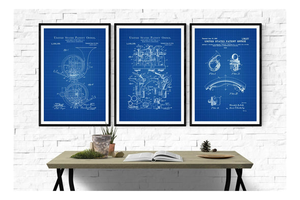 Horn Instrument Patent Collection of 3 Patent Prints - Music Poster, Music Art, Brass Instrument, Wind Instrument, Brass Instrument Patent Art Prints mypatentprints 