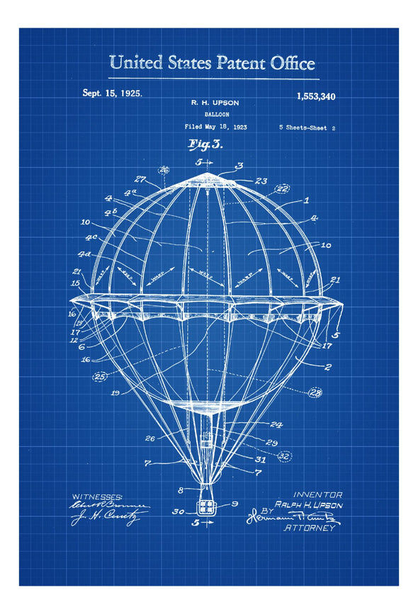 Hot Air Balloon Patent - Patent Print, Wall Decor, Balloon Patent, Nursery Decor, Hot Air Balloon Art