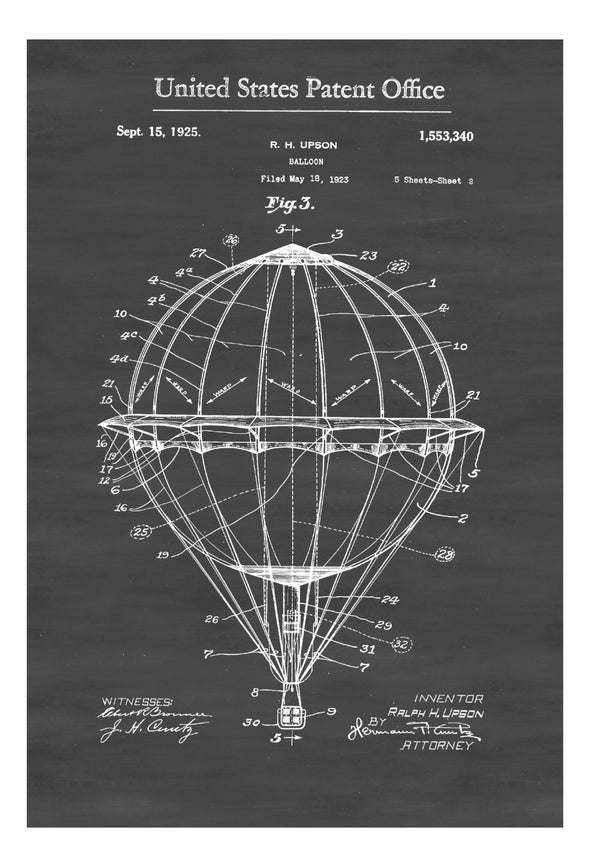 Hot Air Balloon Patent - Patent Print, Wall Decor, Balloon Patent, Nursery Decor, Hot Air Balloon Art