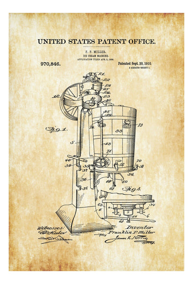 Ice Cream Maker Patent Print 1910 - Kitchen Decor, Restaurant Decor, Diner Decor, Dessert Poster, Wall Decor, Ice Cream Machine Patent Art Prints mypatentprints 10X15 Parchment 
