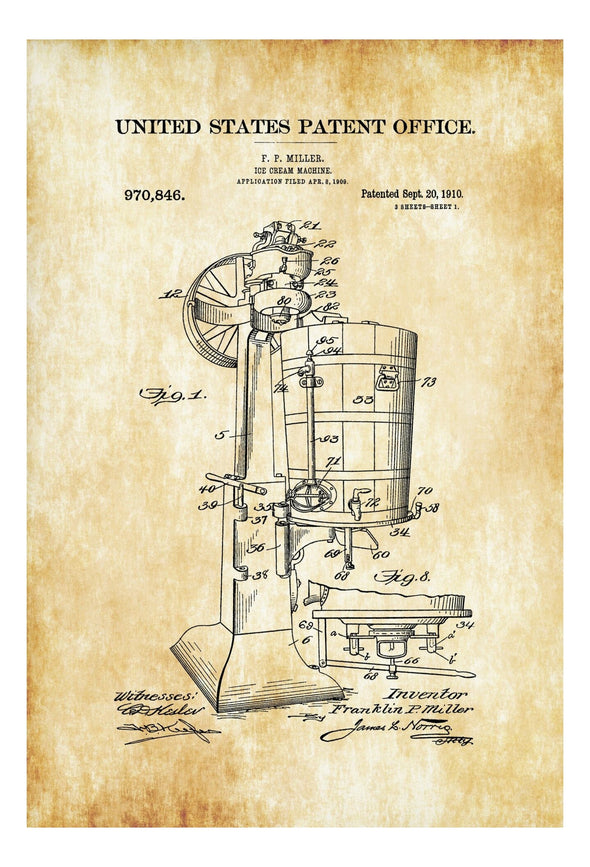 Ice Cream Maker Patent Print 1910 - Kitchen Decor, Restaurant Decor, Diner Decor, Dessert Poster, Wall Decor, Ice Cream Machine Patent mws_apo_generated mypatentprints Parchment #MWS Options 850635284 