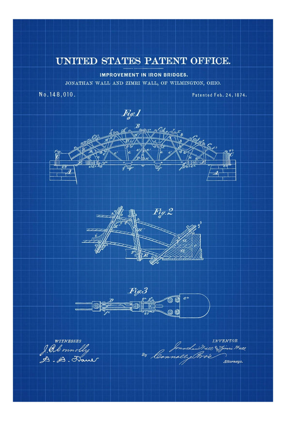 Iron Bridge Patent 1874 - Patent Print, Office Decor, Industrial Decor, Tool Art, Bridge Patent, Engineer Gift, Architect Gift, Design Art Art Prints mypatentprints 