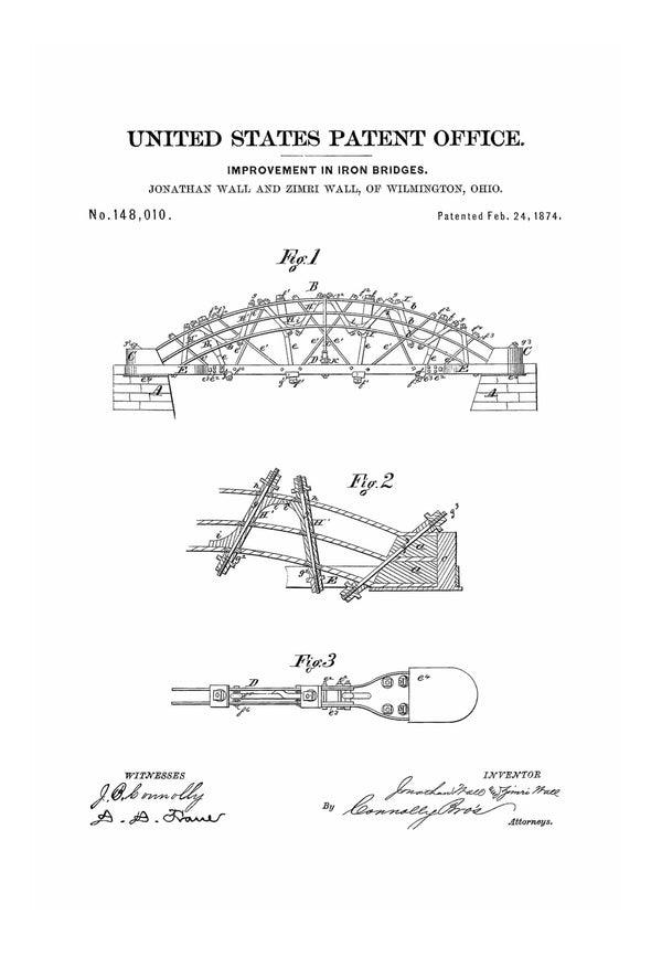 Iron Bridge Patent 1874 - Patent Print, Office Decor, Industrial Decor, Tool Art, Bridge Patent, Engineer Gift, Architect Gift, Design Art Art Prints mypatentprints 