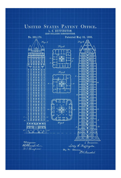 Iron Building Patent Print 1888 - Architect Gift, Decor, Construction Patent, Iron Building Blueprint, Architecture Patent, Patent Poster Art Prints mypatentprints 10X15 Parchment 