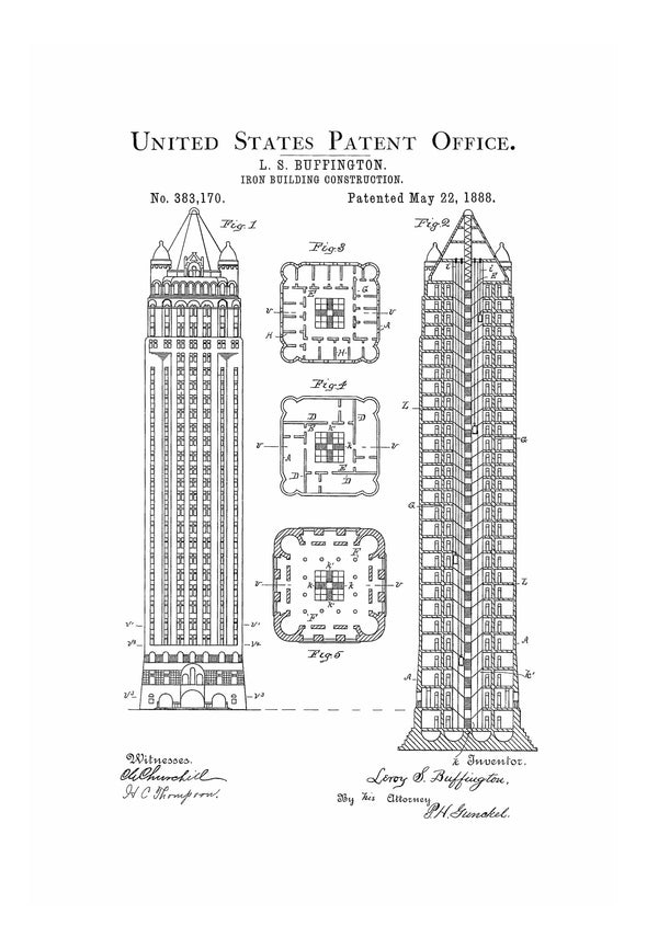 Iron Building Patent Print 1888 - Architect Gift, Decor, Construction Patent, Iron Building Blueprint, Architecture Patent, Patent Poster Art Prints mypatentprints 