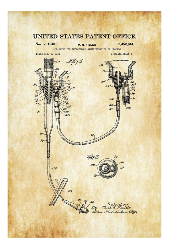 IV Device Patent Print 1948 - Doctor Office Decor, Nurse Gift, Medical Art, Medical Decor, Surgeon Gift, Doctor Gift, Intravenous Patent Art Prints mypatentprints 10X15 Parchment 