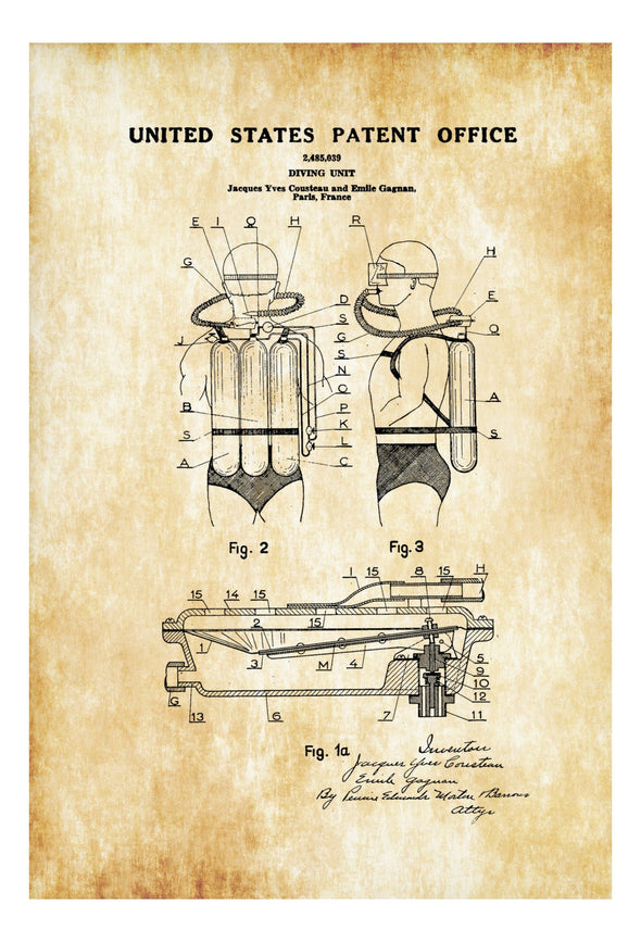 Jacques Cousteau Diving Suit Patent, Patent Print, Wall Decor, Diver Gift, Scuba Gift, Scuba Diver, Diver, Nautical Decor, Beach House Decor