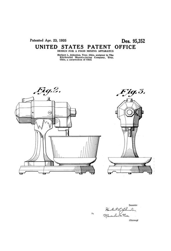 KitchenAid Food Mixer Patent - Kitchen Decor, Restaurant Decor, Bar Decor, Patent Print, Wall Decor, Mixer Patent, Food Mixer