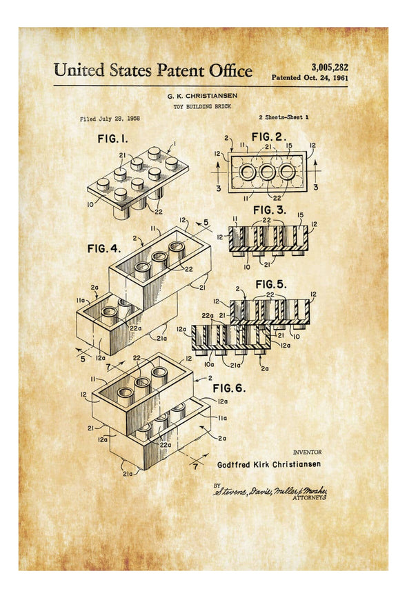 Lego Brick Patent - Patent Print, Wall Decor, Lego Building Block, Lego Poster Art Prints mypatentprints 