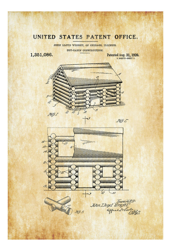 Lincoln Logs Toy Patent - Patent Print, Game Room Decor, Lincoln Logs Patent, Kids Room Art, Game Room Art, Vintage Toy, Old Toys Art Prints mypatentprints 10X15 Parchment 