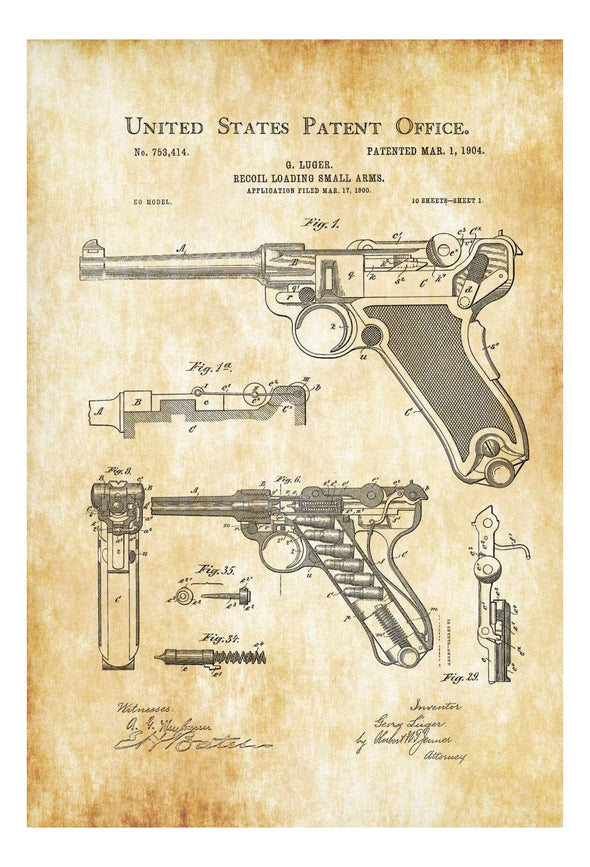 Luger Pistol Patent - Patent Print, Wall Decor, Gun Art, Firearm Art, Luger Patent, Pistol Patent, Pistole Parabellum 1908