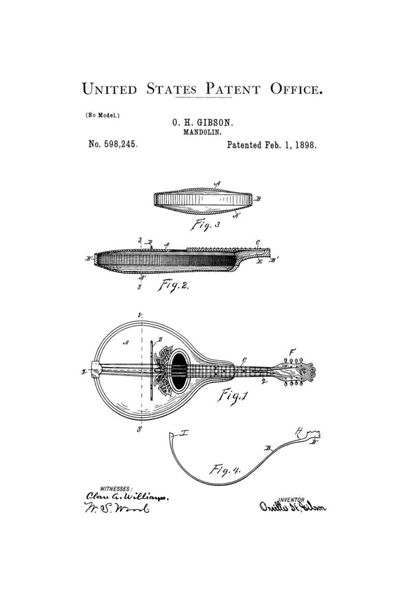 Mandolin Patent Print 1898 - Music Poster, Music Art, Musical Instrument Patent, Vintage Music, Bluegrass, Folk Music, Mandolin Poster Art Prints mypatentprints 
