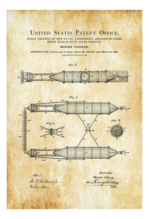 Marine Torpedo Patent 1880 - Patent Print, Military Art, World War 1, WW1, Navy, Military Gift, Weapon Patent, Military Patent Art Prints mypatentprints 10X15 Parchment 