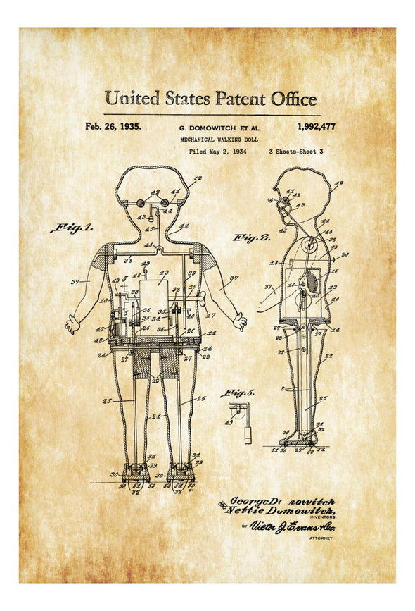 Mechanical Walking Doll Patent Poster - Patent Print, Wall Decor, Vintage Doll, Doll Patent, Creepy Dolls, Mechanical Doll, Bizarre Decor