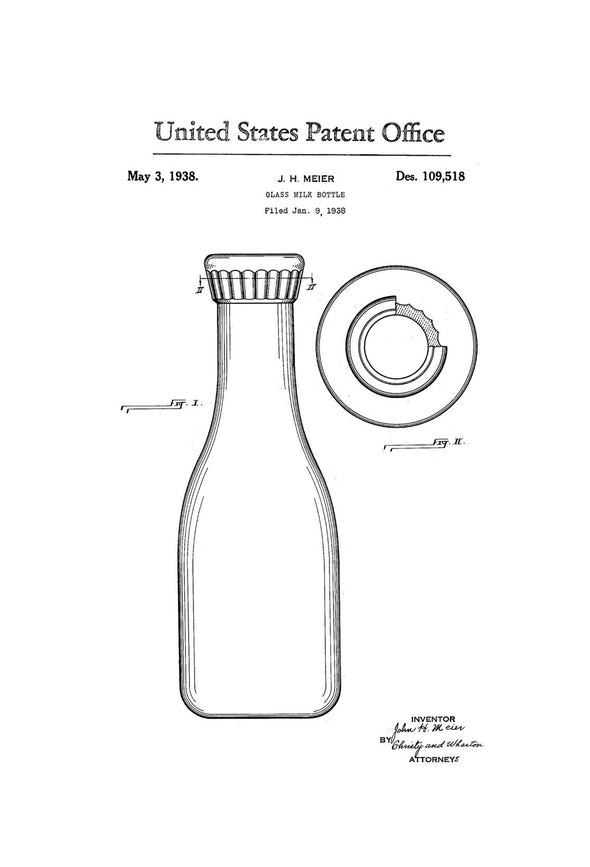 Milk Bottle Patent Print - Vintage Bottle, Bottle Collectibles, Kitchen Decor, Farm Decor, Diner Decor