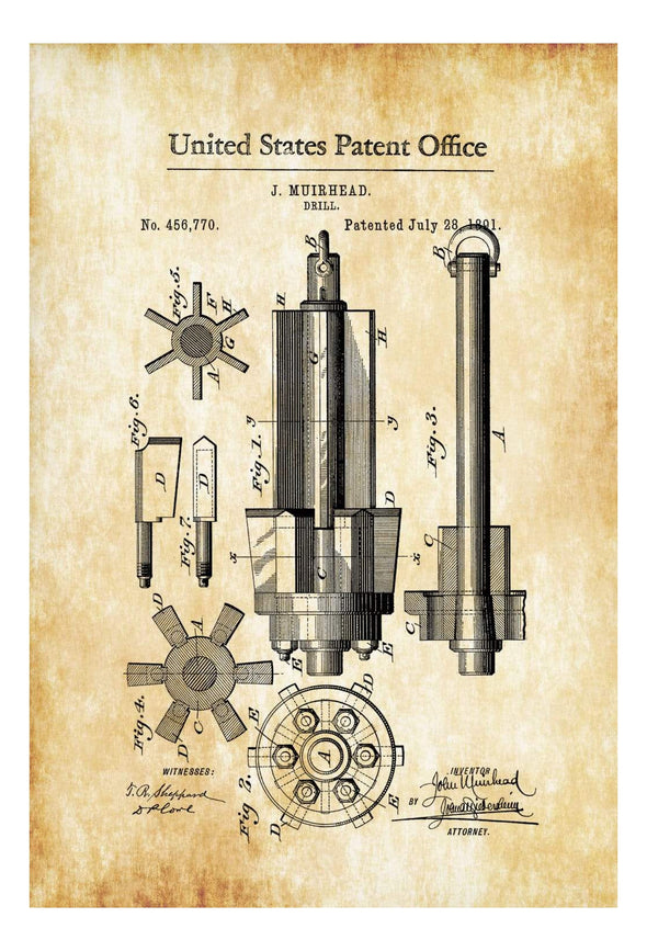 Mining Drill Patent 1891 - Patent Print, Garage Decor, Workshop Decor, Vintage Tools, Industrial Decor, Tool Art, Mining Patent