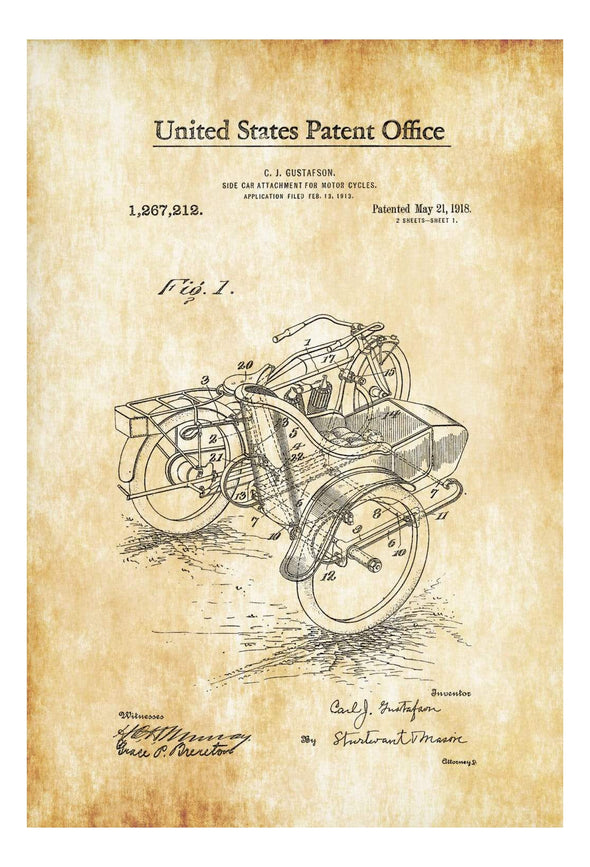 Motorcycle Sidecar Patent 1918 - Patent Print, Wall Decor, Motorcycle Decor, Vintage Motorcycle, Motorcycle Art