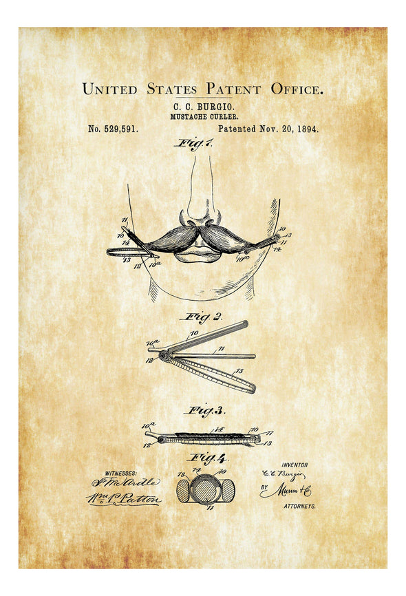 Mustache Curler Patent 1894 - Patent Print, Bathroom Decor, Bathroom Art, Vintage Mustache, Wall Decor, Barber Shop Decor, Man Cave Decor Art Prints mypatentprints 10X15 Parchment 