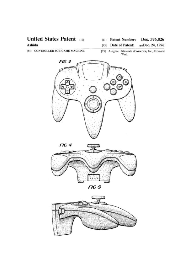 Nintendo 64 Controller Patent - Patent Print, Wall Decor, Nintendo Art, Nintendo Poster, Nintendo 64 Poster, Nintendo Patent, Nintendo 64