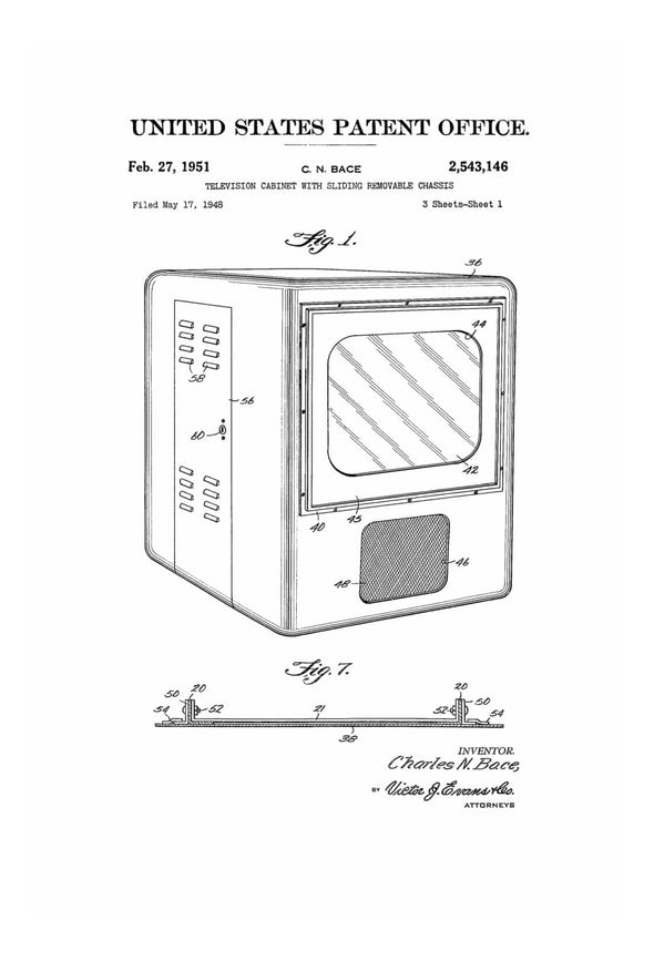 Old Television Patent 1951 - Patent Prints, Vintage Television, Old TV, Vintage TV, TV Set, Technology Patent, Television Patent