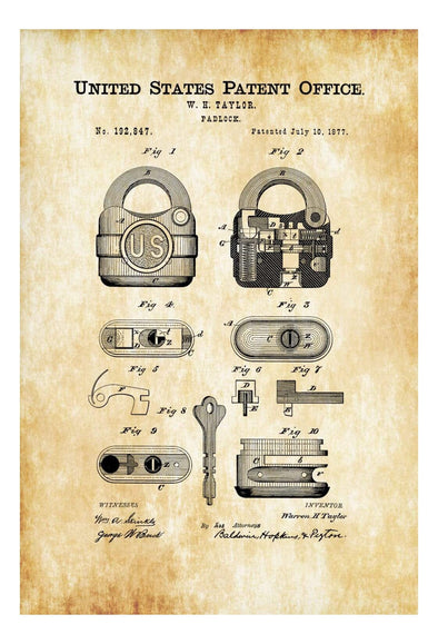 Padlock Patent Print 1877 - Wall Decor, Bizarre Art, Bizarre Decor, Vintage Tools, Vintage Padlock, Antique Lock mws_apo_generated mypatentprints Parchment #MWS Options 1289595431 