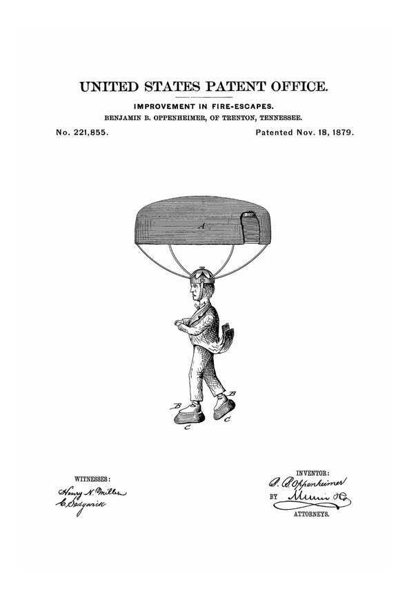 Parachute Hat Patent 1879 - Patent Print, Wall Decor, Bizarre Art, Bizarre Decor, Fire Escape Patent, Wackiest Patent, Safety Art, Funny Art Art Prints mypatentprints 5X7 Blueprint 